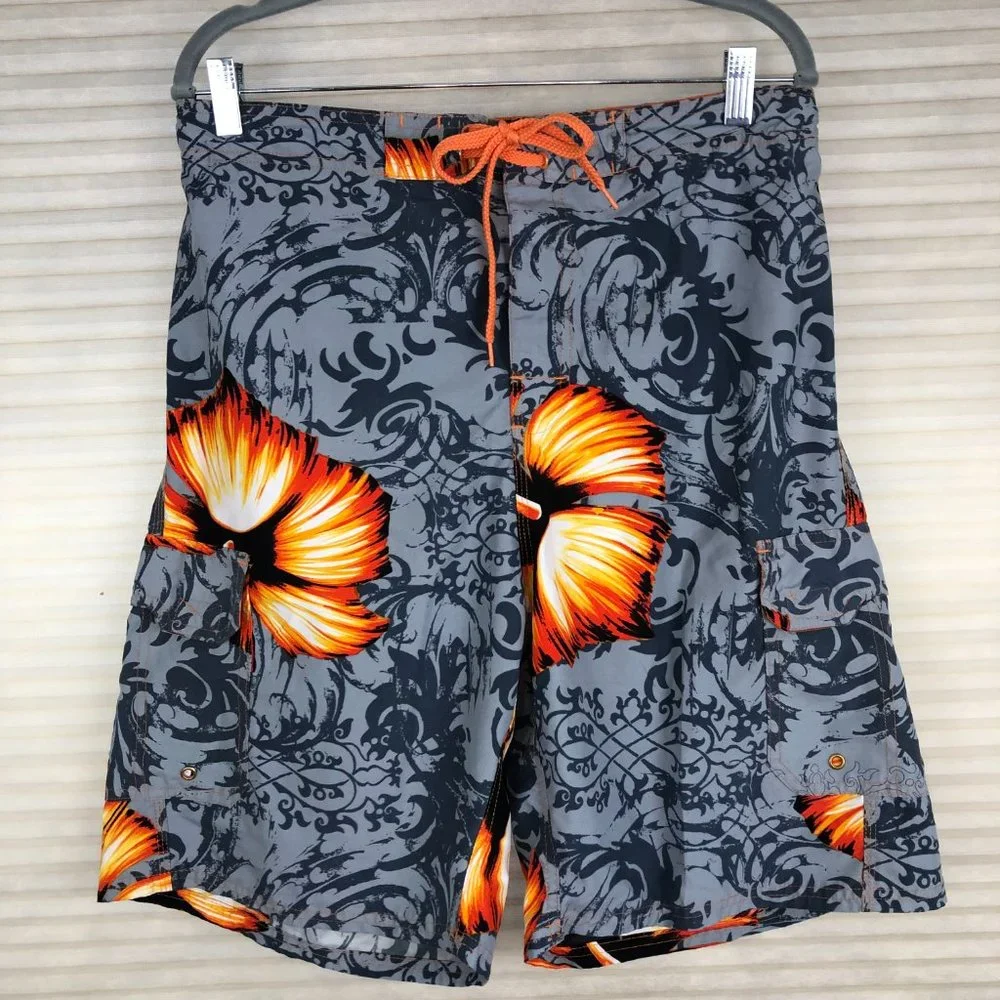 OP Ocean Pacific Hawaiian Floral Print Swim Trunks Board Shorts Tropical Vacay